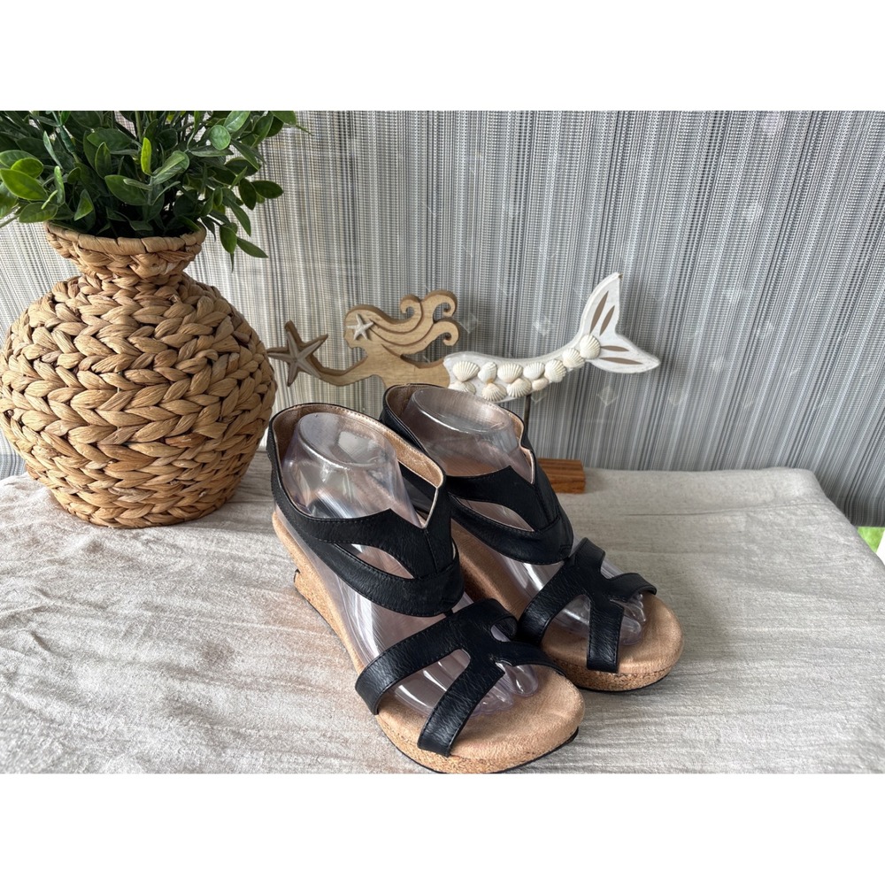 Modzori Reversible Wedge Sandals Black Bronze Gold Cork Heel Womens Size 9